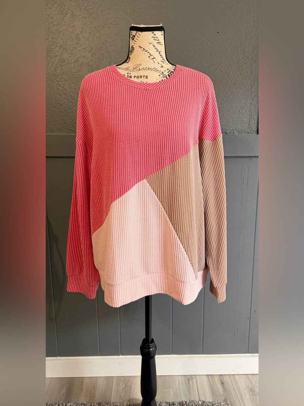 Colorblock Pink and Tan Women's Pullover Sweater